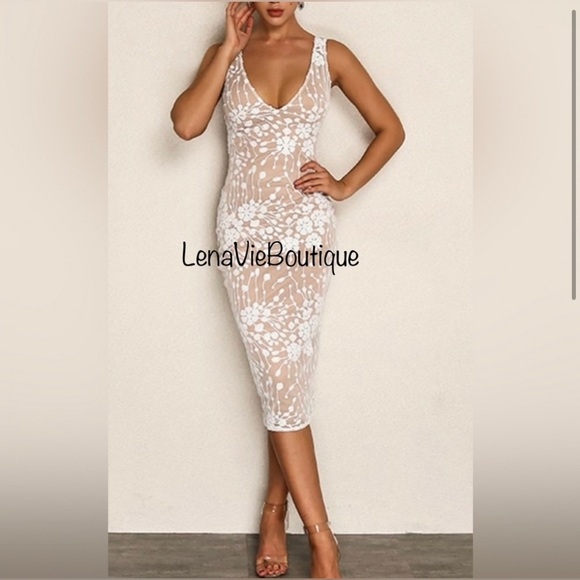 Sexy Sequin Embroidery Midi White Dress, Designed Stretch Bodycon Midi - Picture 3 of 9